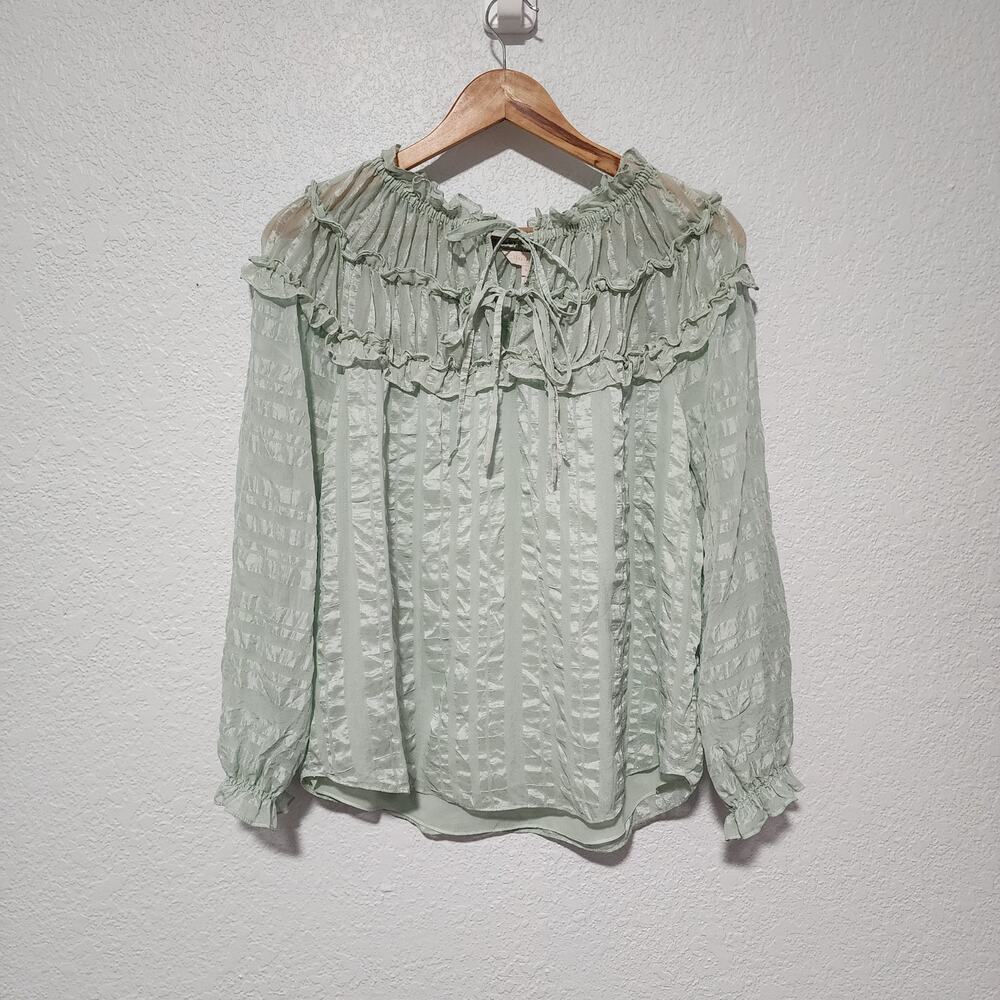 Rebecca Taylor Sage Green Tiered Ruffler Tie Front Blouse Top Long Sleeve Medium